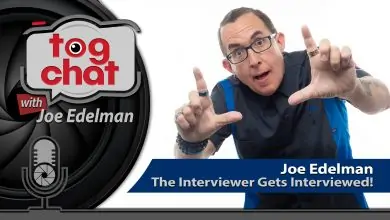 Man posing with hands in a framing gesture, highlighting the "tog chat with Joe Edelman" logo. Text reads, "Joe Edelman: The Interviewer Gets Interviewed!" showcasing his unique perspective.