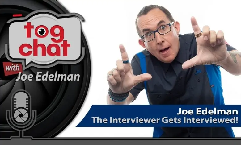 Man posing with hands in a framing gesture, highlighting the "tog chat with Joe Edelman" logo. Text reads, "Joe Edelman: The Interviewer Gets Interviewed!" showcasing his unique perspective.