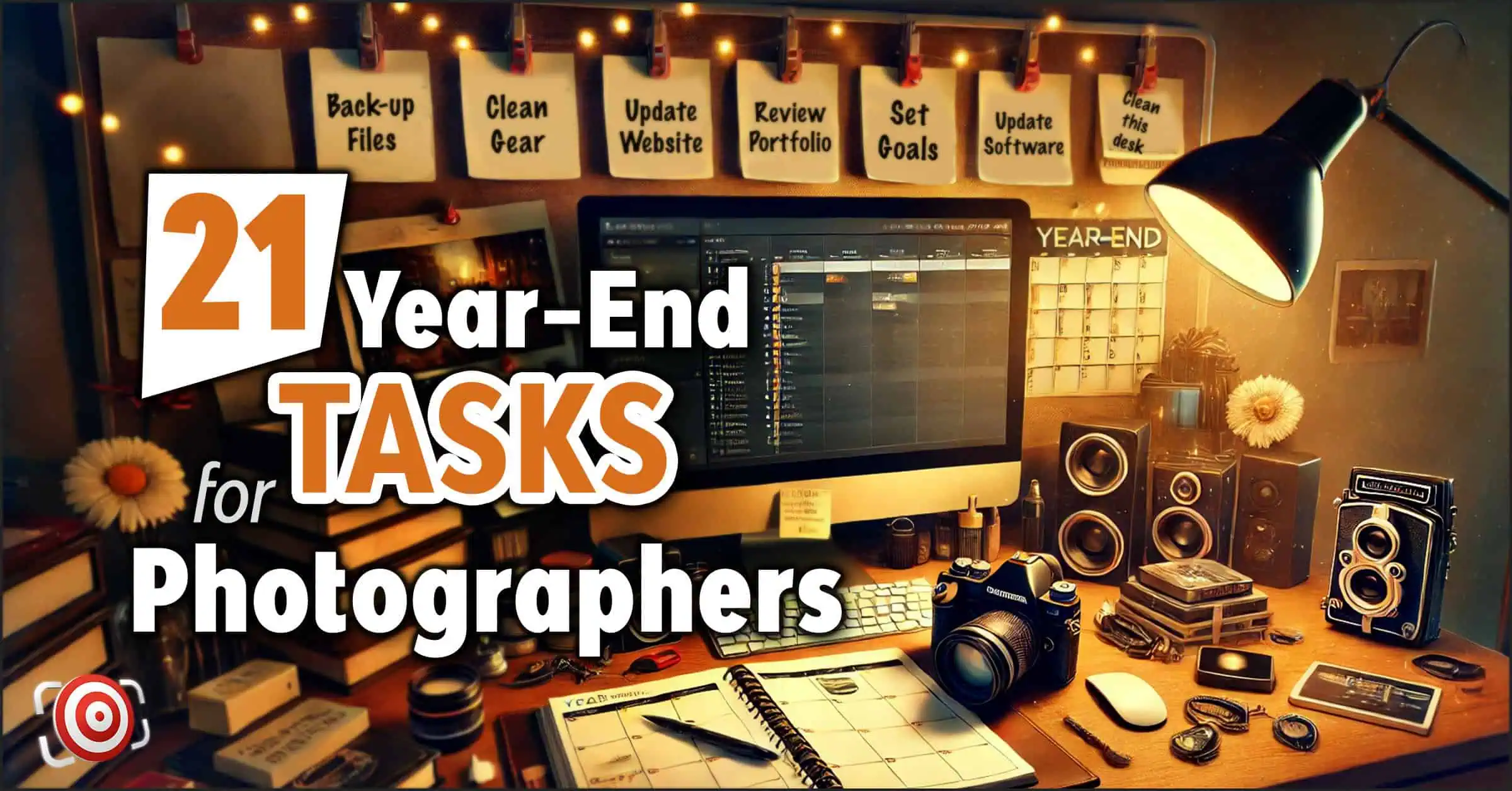 A desk with photography gear, computer, notepad, and calendar. The text reads "21 Essential Year-End Tasks for Photographers.
