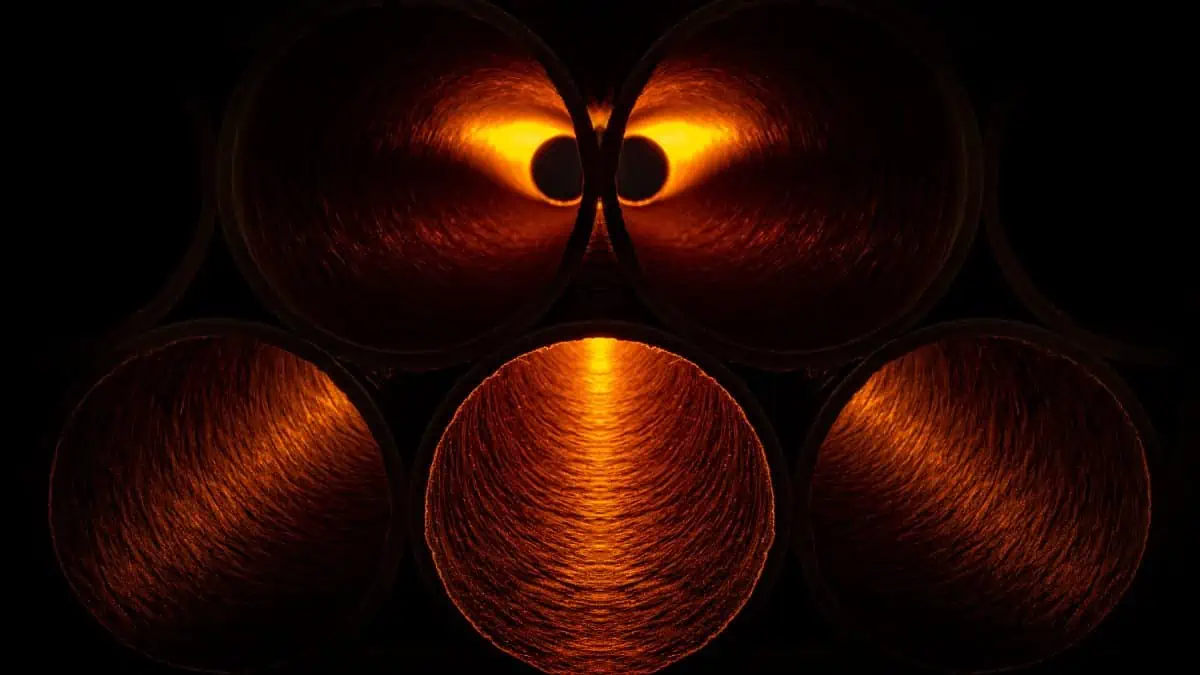 A black background with orange lights.