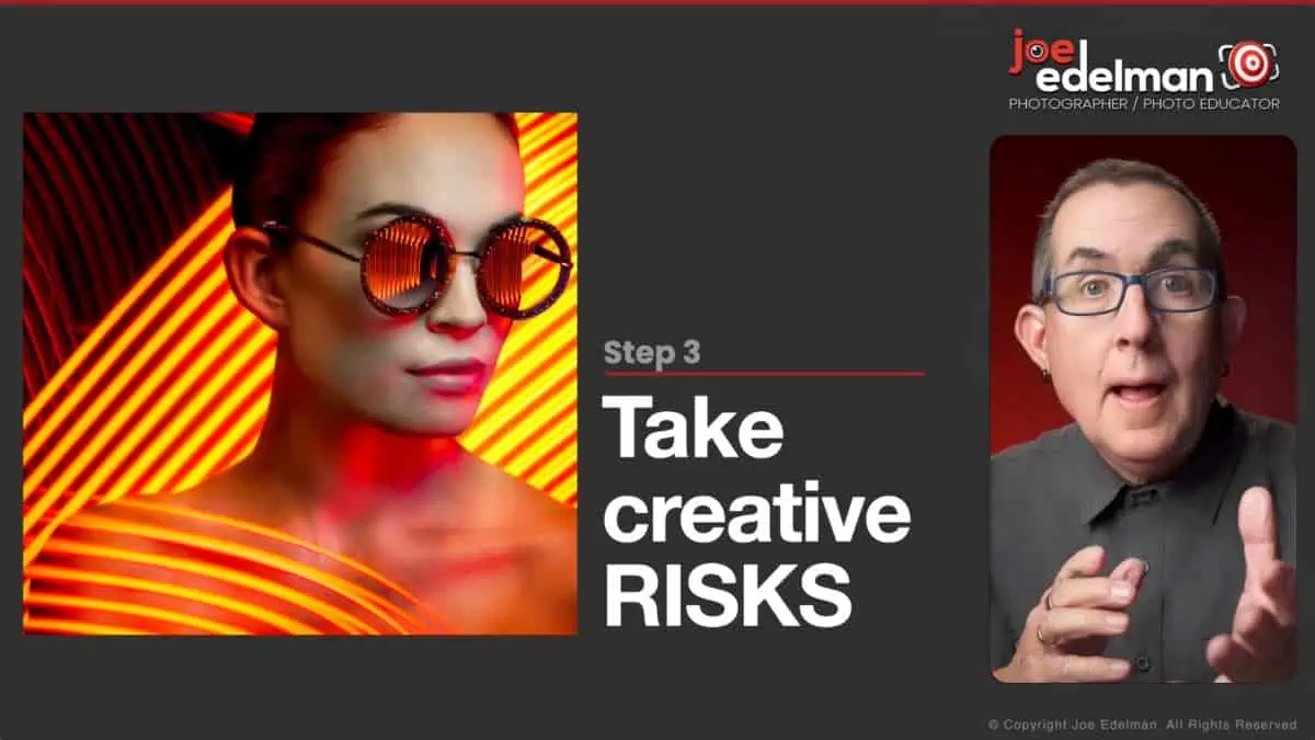 A man in glasses with the words take creative risks.