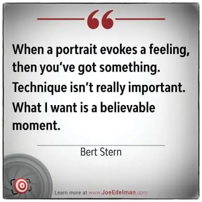 Text on a white background showcases a quote by the renowned photographer, Bert Stern, highlighting how evoking feelings takes precedence over technical skill in portrait photography. Website information is provided at the bottom.