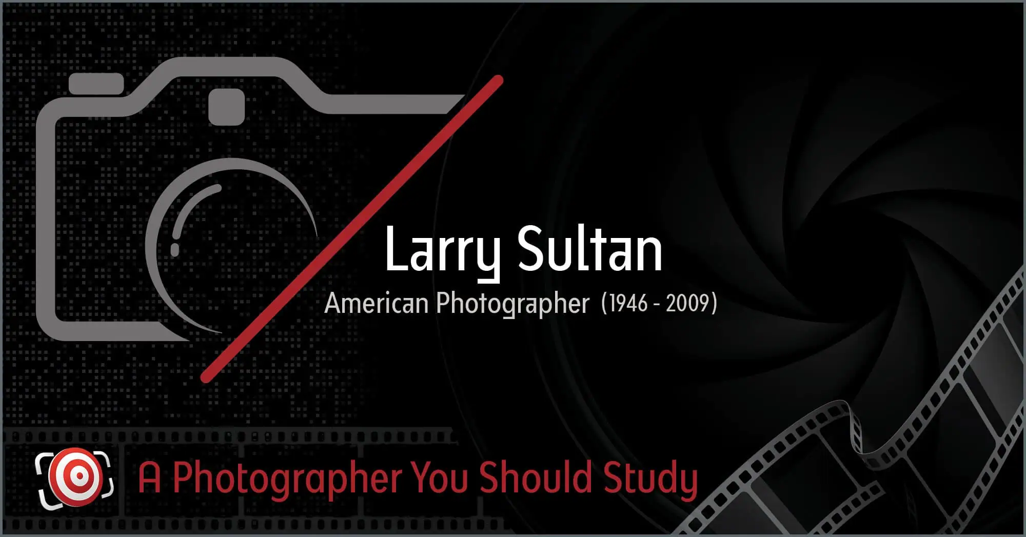 Graphic highlighting renowned American photographer Larry Sultan (1946-2009), featuring a camera icon, film strips, and text: "Larry Sultan: A Photographer You Should Study.