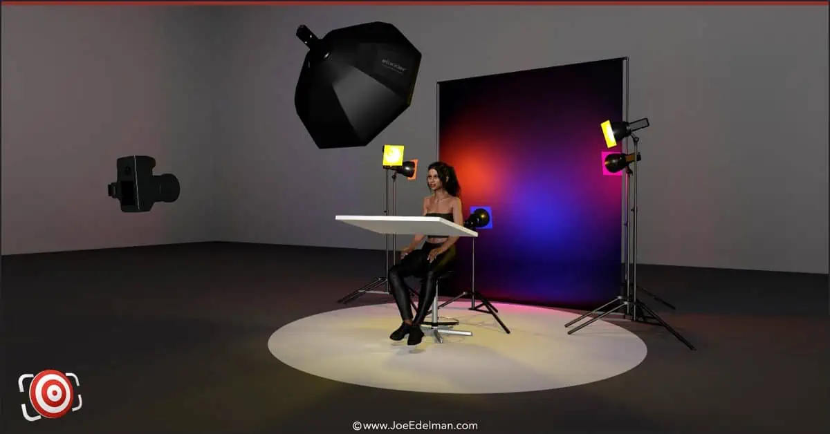A 3d image of a woman in a studio with lighting equipment.