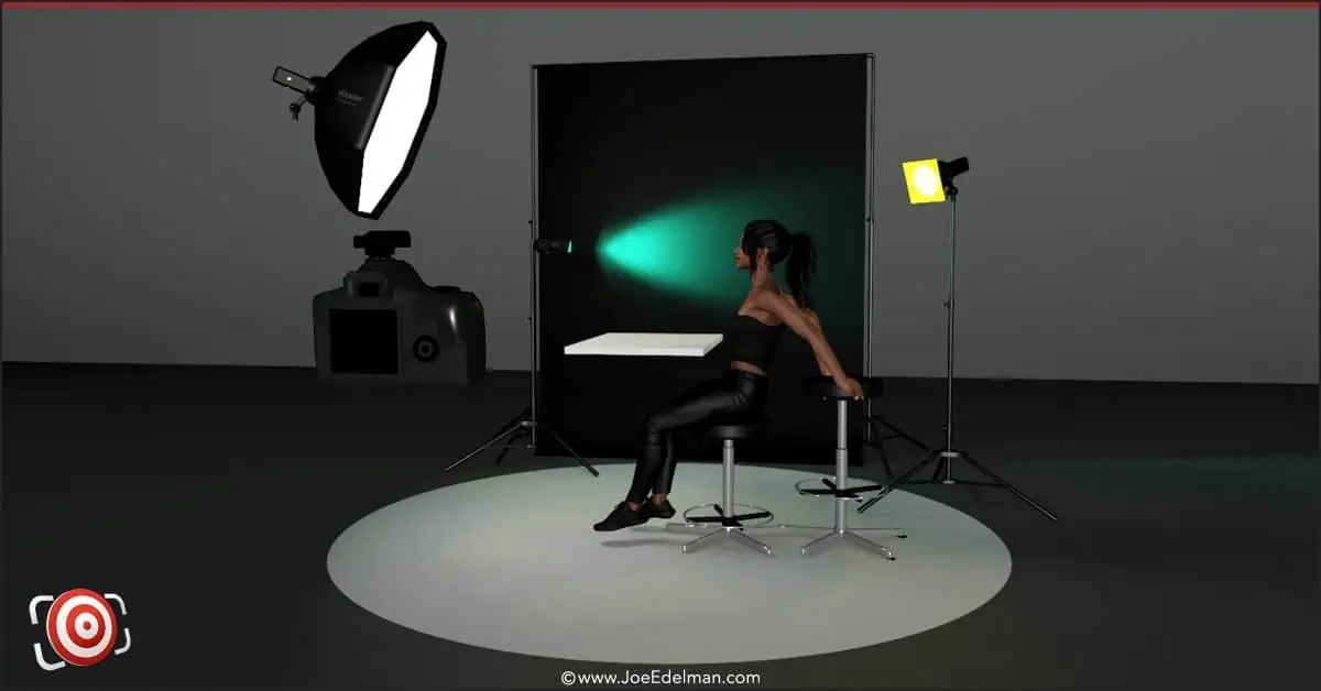 A 3d image of a woman sitting on a chair in front of a light.