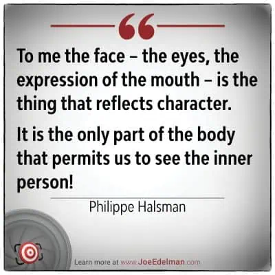 A quote by Philippe Halsman on how facial expressions mirror character is elegantly displayed against a gradient background, crowned with a logo at the bottom.