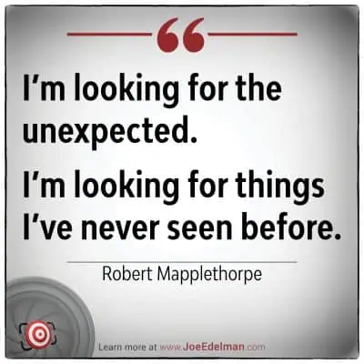 The image features the quote: "I'm looking for the unexpected. I'm looking for things I've never seen before." - Robert Mapplethorpe, with a reference to www.JoeEdelman.com below.