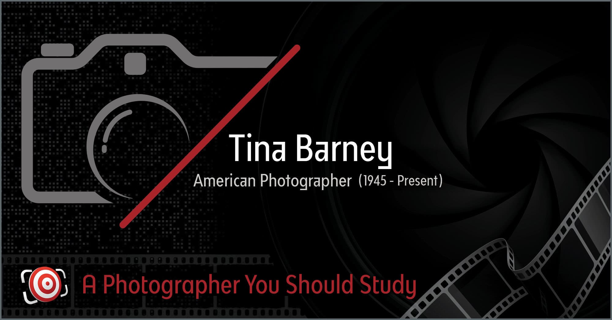 Graphic featuring the renowned American photographer, Tina Barney, seamlessly intertwined with a camera and film reel design.