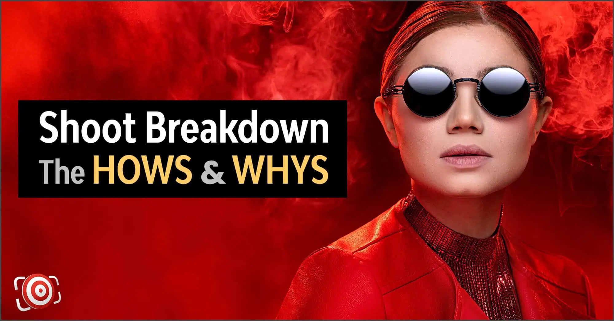 A beautiful woman with dark sunglasses and a cloud of smoke behind her in front of a red background for an article titled: Create Colorful Beauty Portraits With a Handheld Smoke Machine