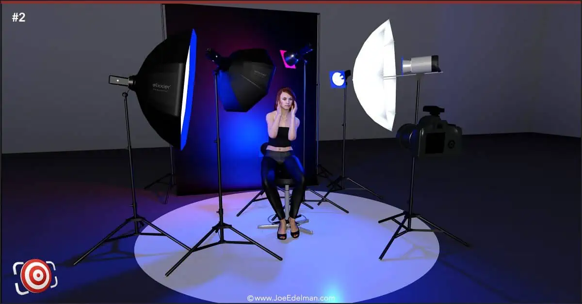 A woman is sitting in front of a set of lights.