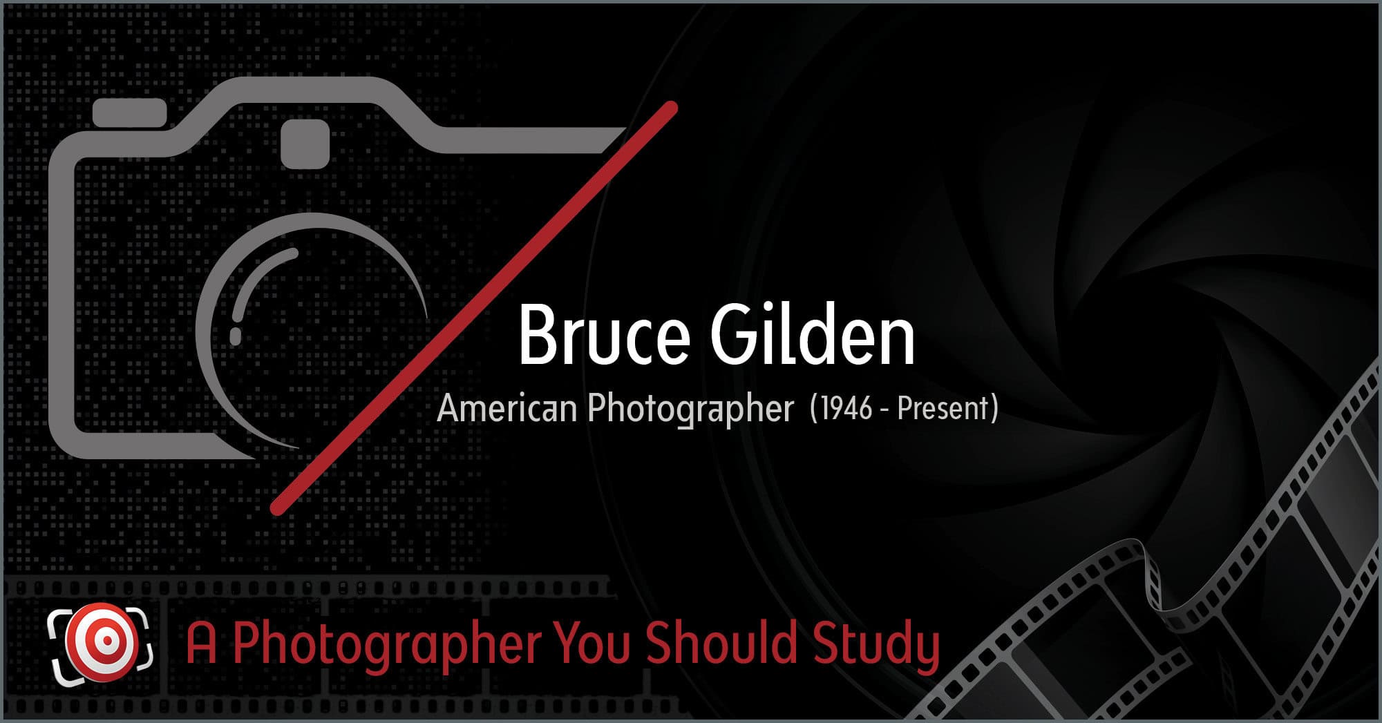 Graphic design suggesting the study of Bruce Gilden, with camera iconography.