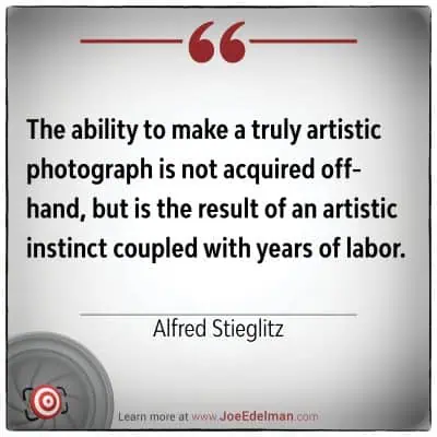 A quote on artistic photography by Alfred Stieglitz, highlighting instinct and years of labor, elegantly displayed on a designed background with a web address link.