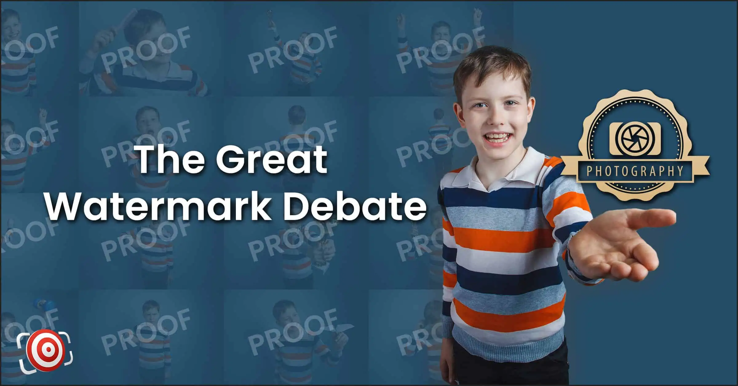 The Great Watermark Debate. with a proof sheet and little boy holding a watermark