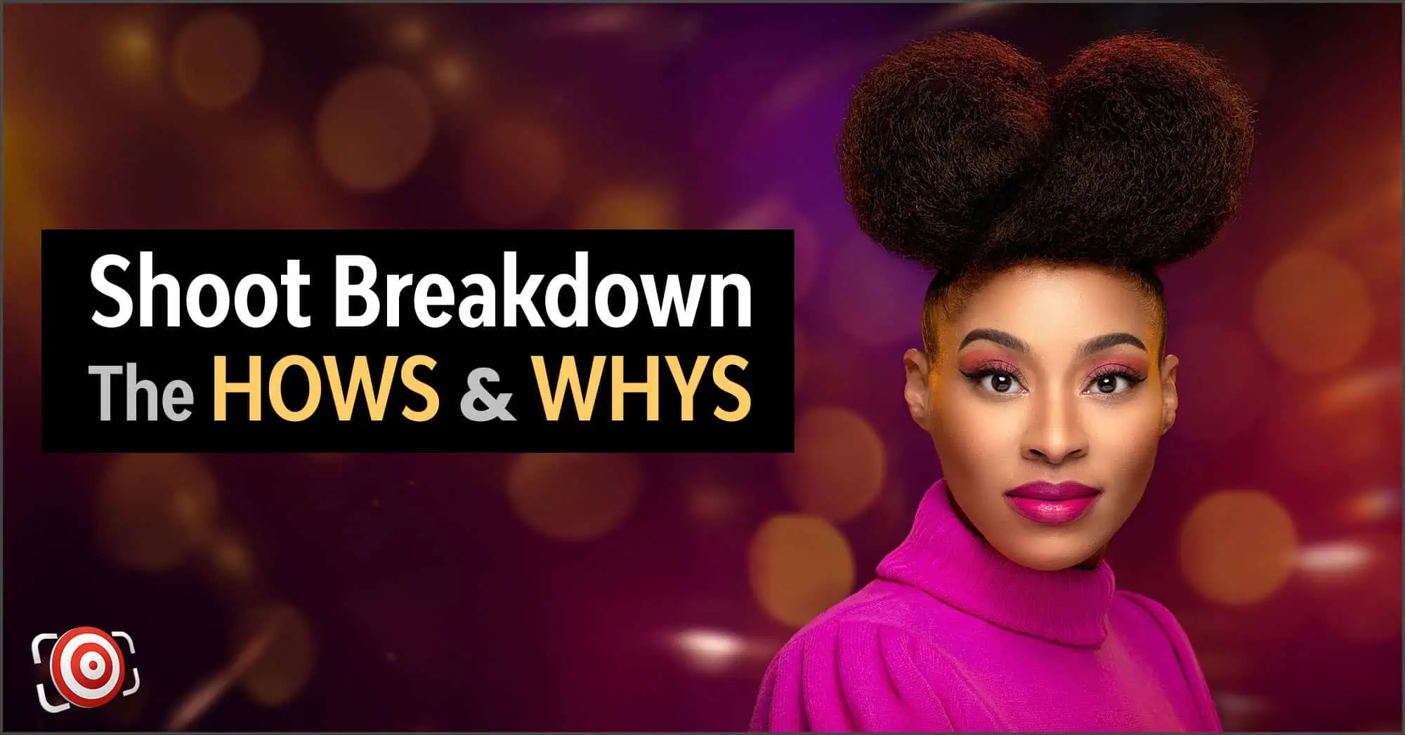A beautiful woman with an afro hairstyle on a colorful bokeh background