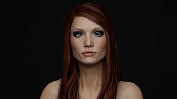 A creative 3D beauty portrait model of a woman with stunning red hair.