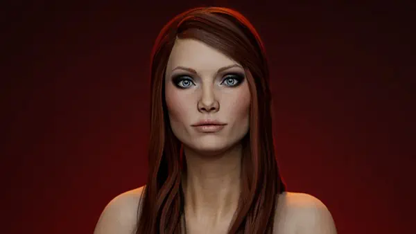 A creative beauty portrait of a woman with red hair posing on a red background.
