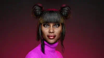 A colorful beauty portrait of a woman with two buns in a pink turtleneck.