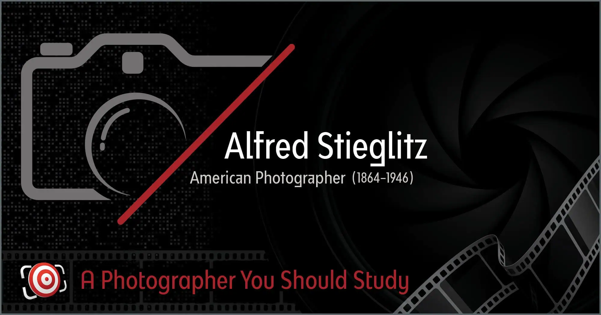 Discover the art of Alfred Stieglitz, an American photography pioneer (1864-1946). Featuring a camera silhouette and film reel, this graphic invites you to explore "A Photographer You Should Study.