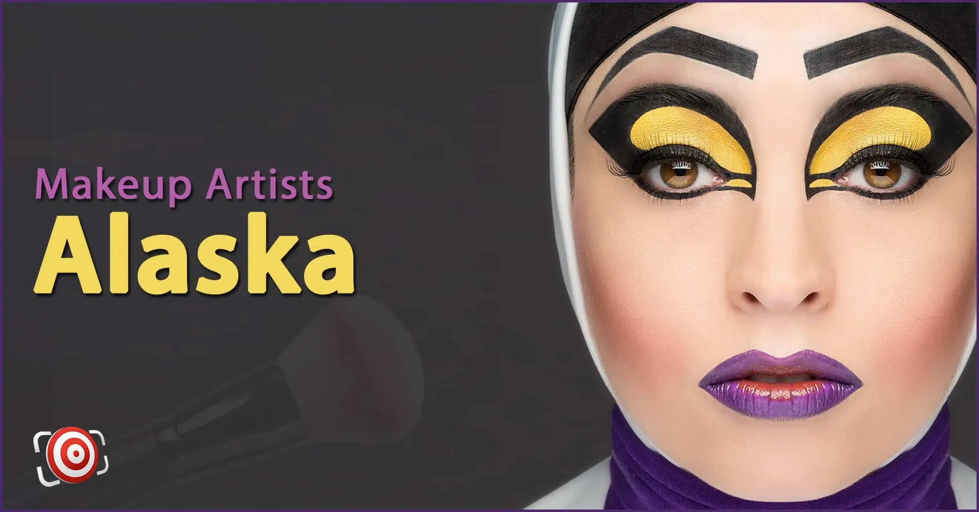 A woman with creative makeup on her face and the text Makeup Artists in Alaska.