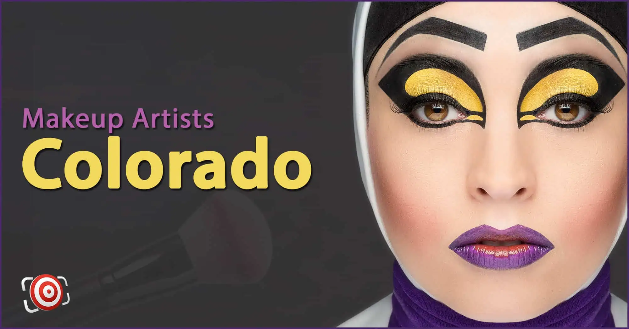 A woman with creative makeup on her face and the text Makeup Artists in Colorado.