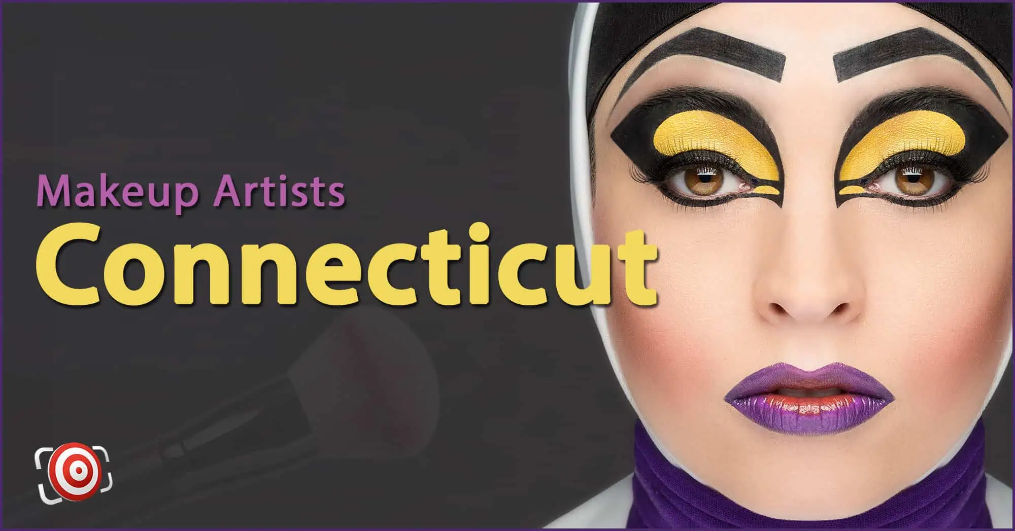 A woman with creative makeup on her face and the text Makeup Artists in Connecticut.