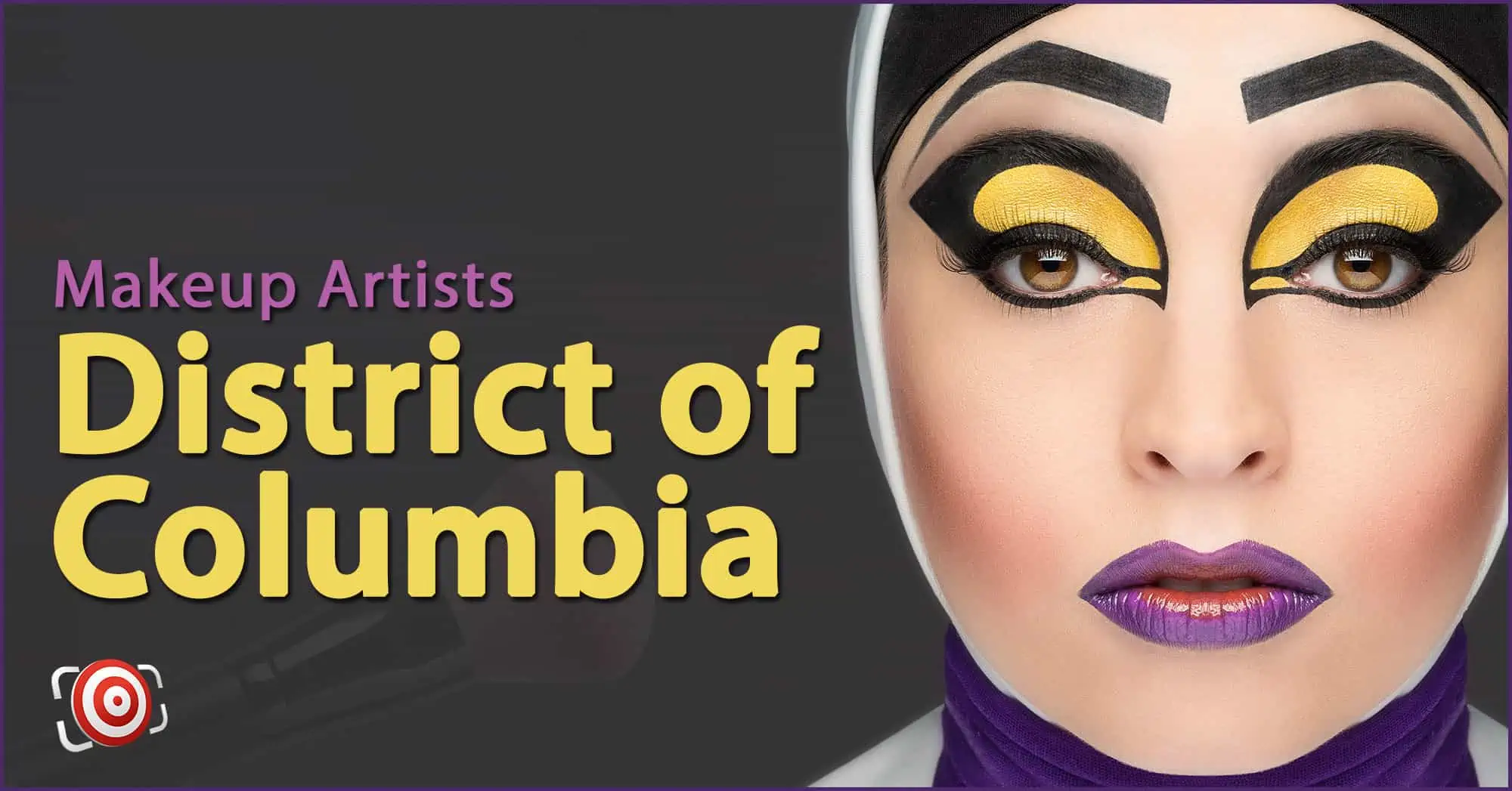 A woman with creative makeup on her face and the text Makeup Artists in District of Columbia.
