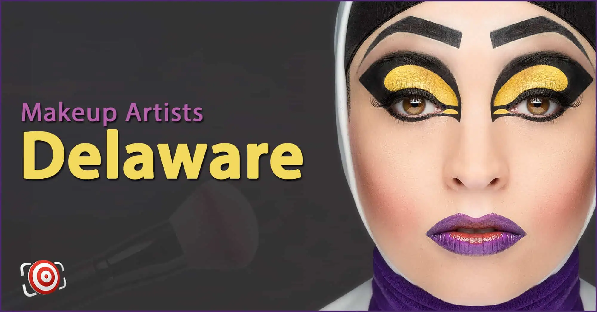 A woman with creative makeup on her face and the text Makeup Artists in Delaware.