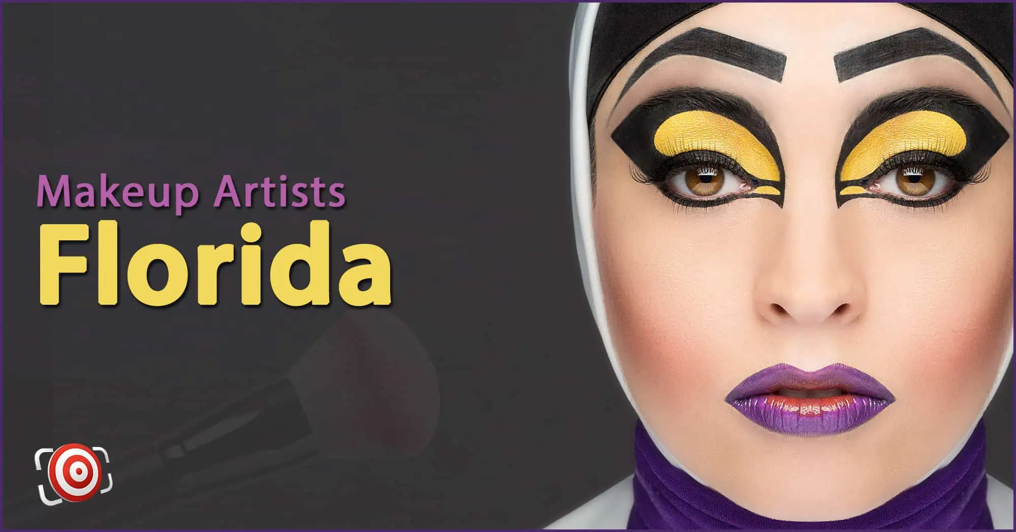 A woman with creative makeup on her face and the text Makeup Artists in Florida.
