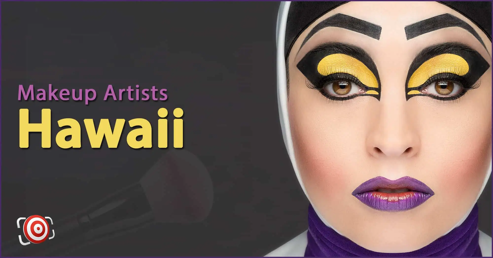 A woman with creative makeup on her face and the text Makeup Artists in Hawaii.