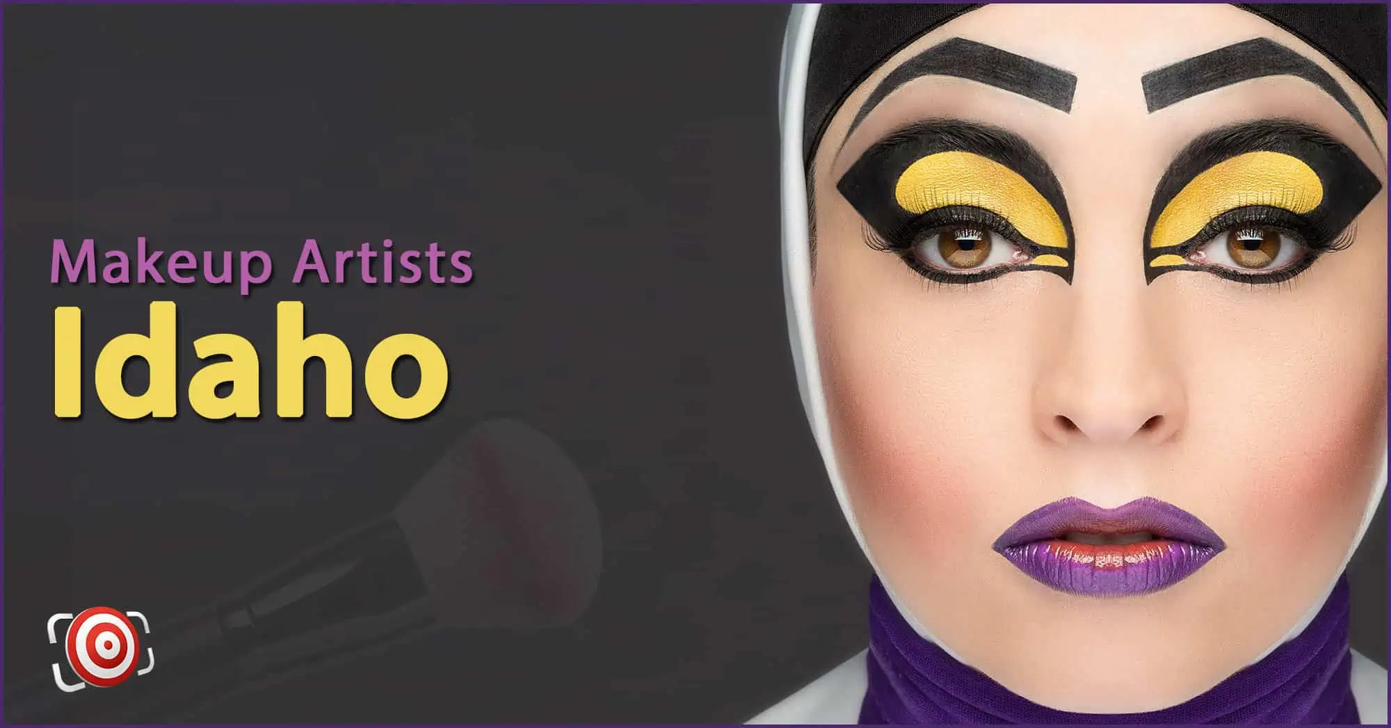 A woman with creative makeup on her face and the text Makeup Artists in Idaho.
