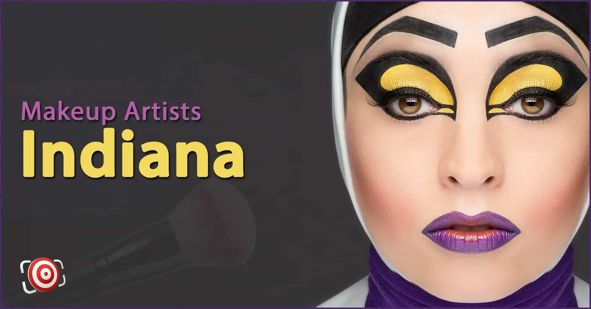 A woman with creative makeup on her face and the text Makeup Artists in Indiana.