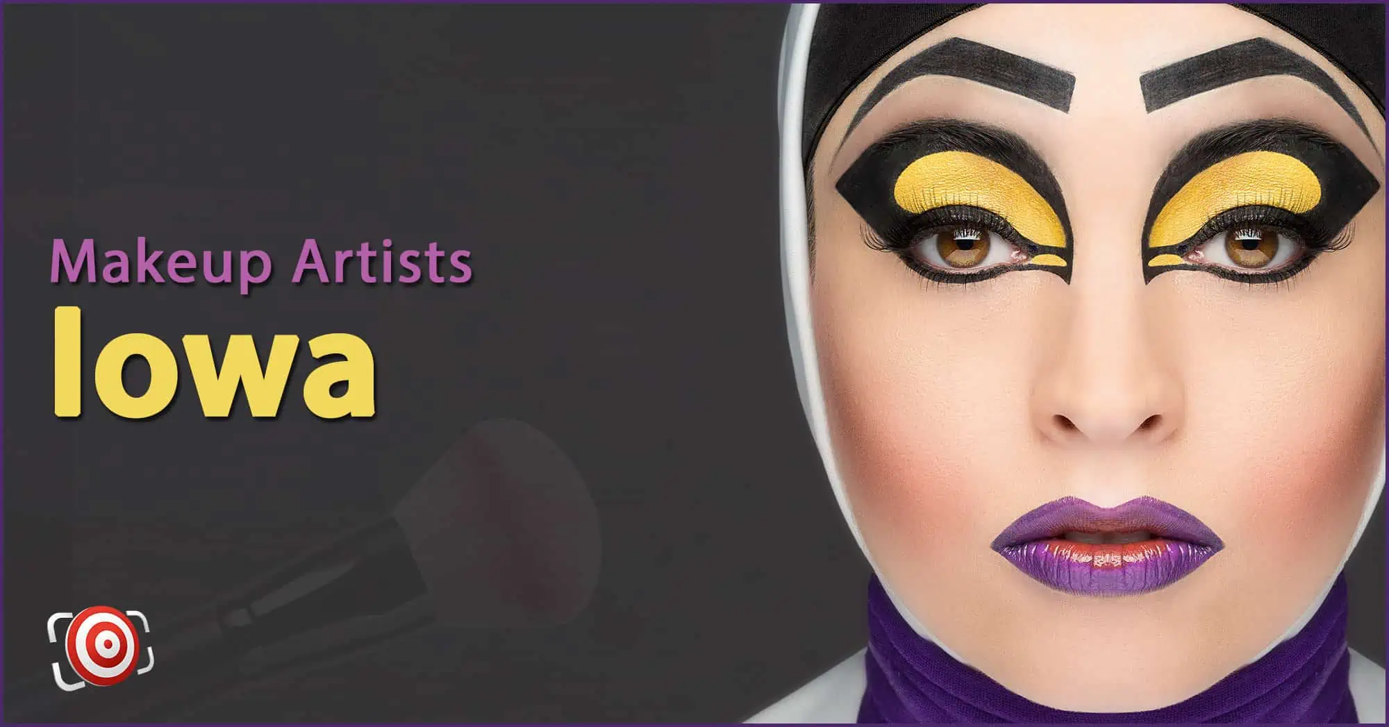 A woman with creative makeup on her face and the text Makeup Artists in Iowa.