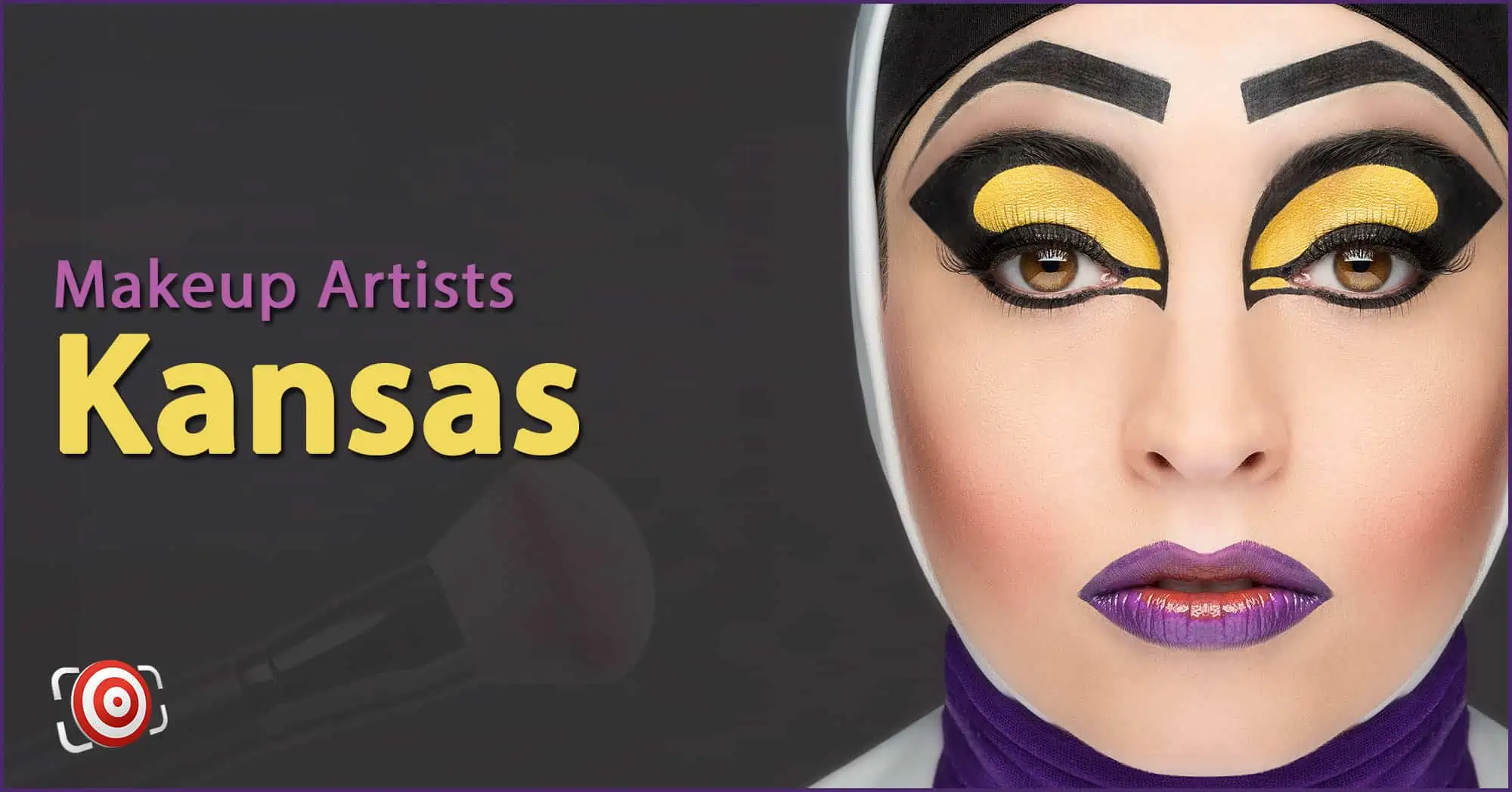 A woman with creative makeup on her face and the text Makeup Artists in Kansas.