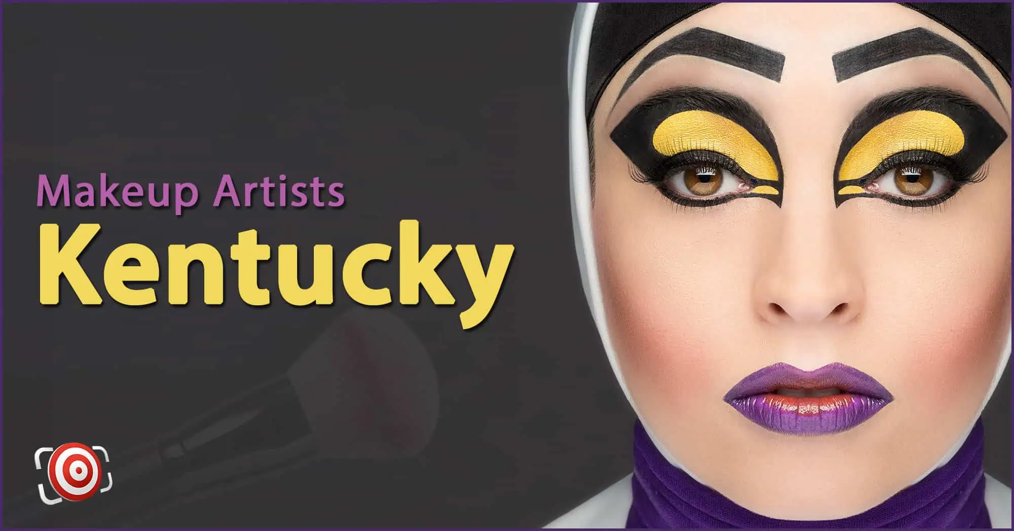 A woman with creative makeup on her face and the text Makeup Artists in Kentucky.