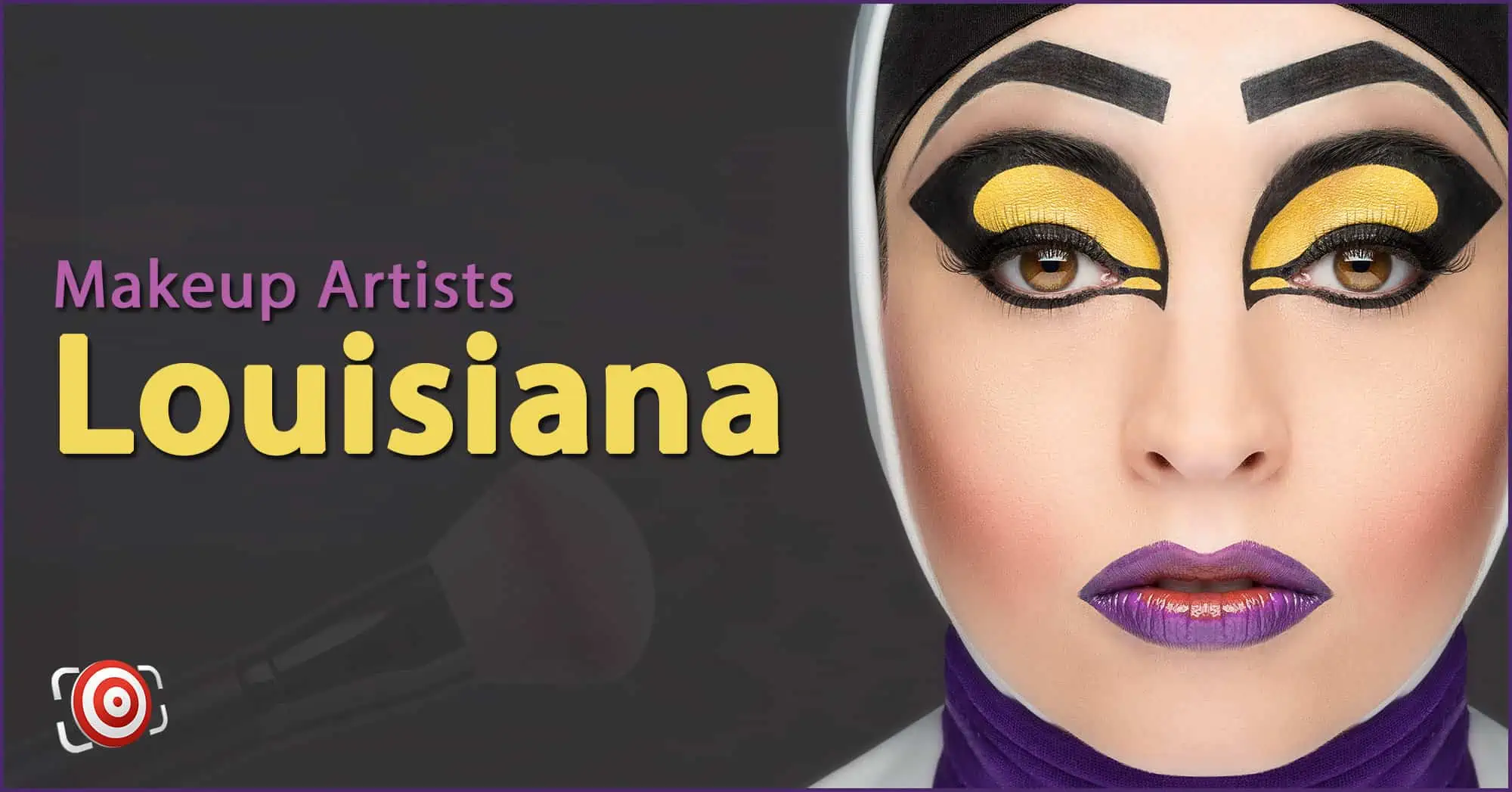 A woman with creative makeup on her face and the text Makeup Artists in Louisiana.