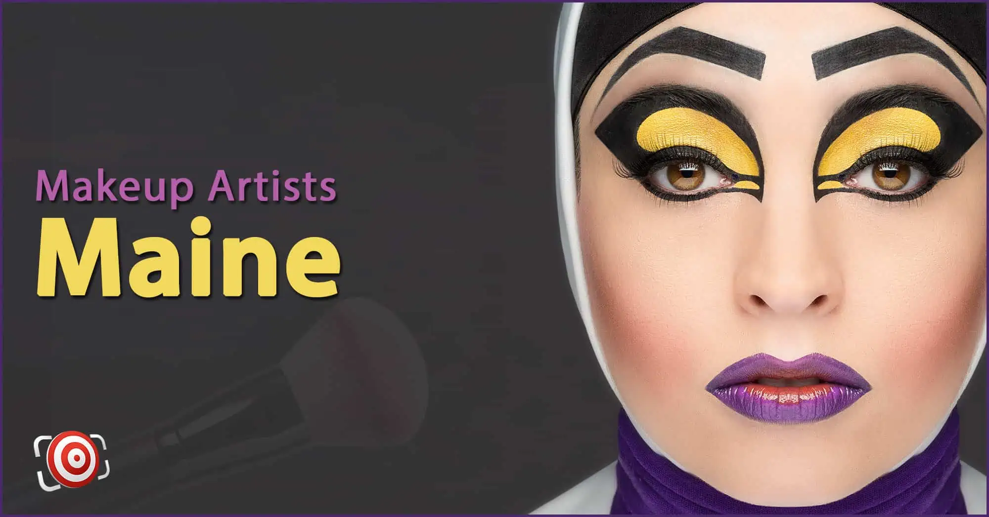 A woman with creative makeup on her face and the text Makeup Artists in Maine.