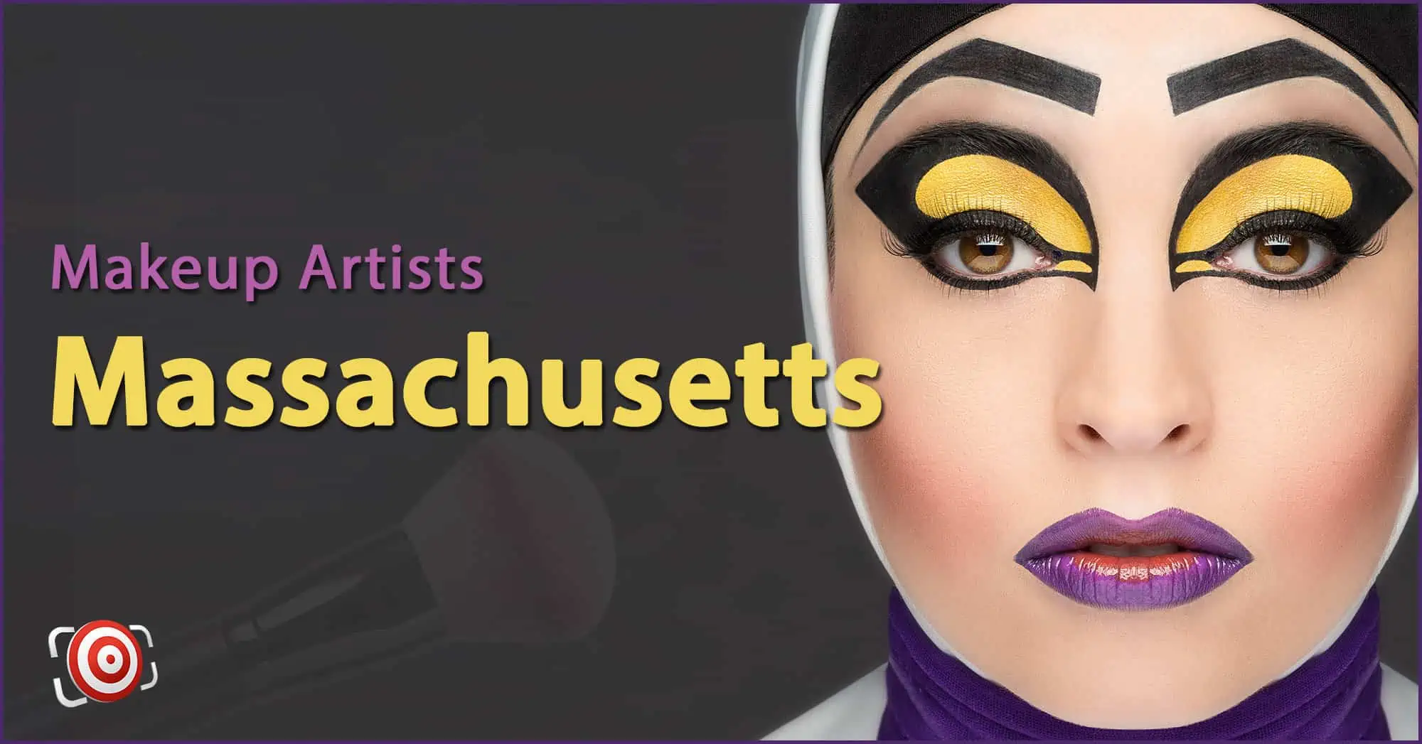 A woman with creative makeup on her face and the text Makeup Artists in Massachusetts.