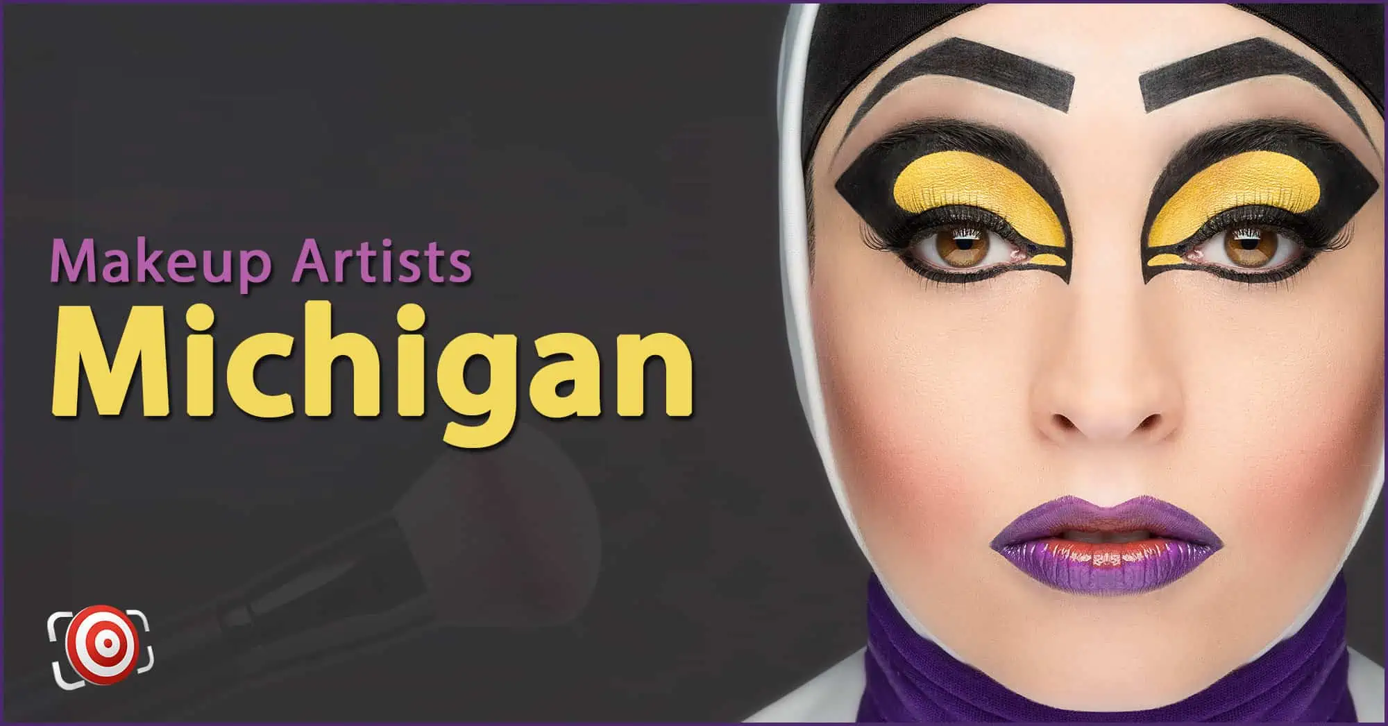 A woman with creative makeup on her face and the text Makeup Artists in Michigan.