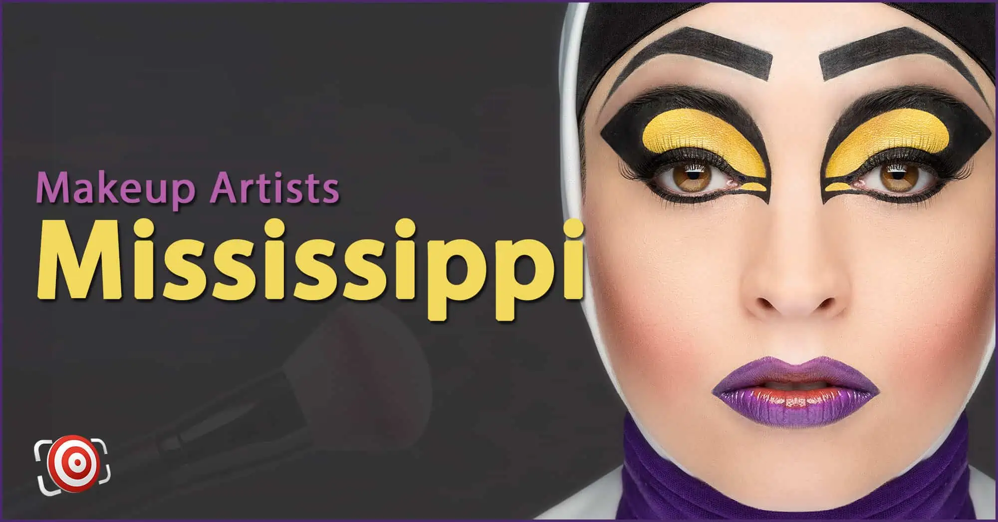 A woman with creative makeup on her face and the text Makeup Artists in Mississippi.
