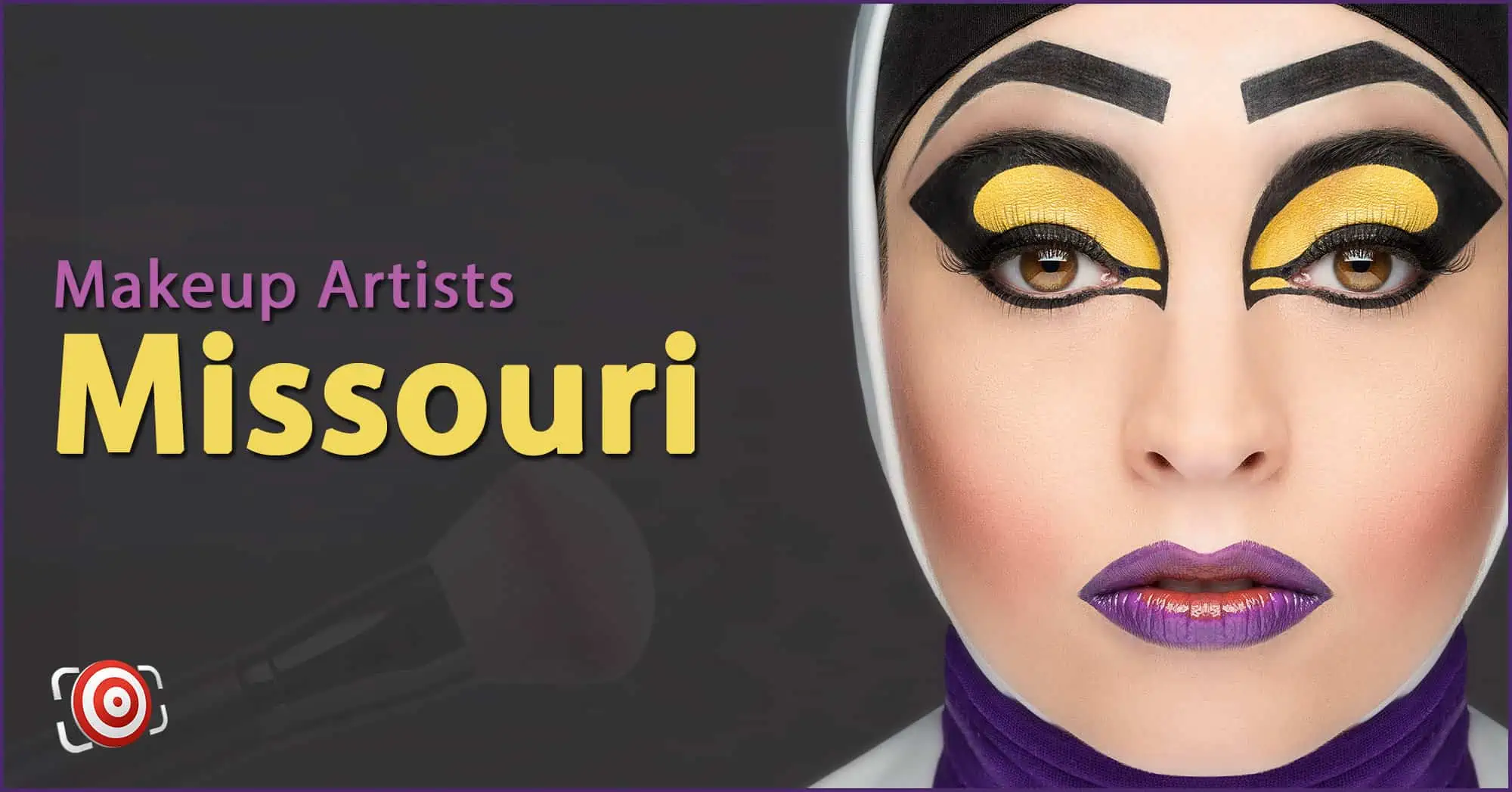A woman with creative makeup on her face and the text Makeup Artists in Missouri.