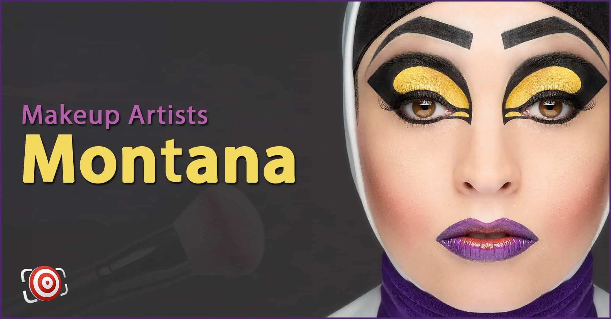 A woman with creative makeup on her face and the text Makeup Artists in Montana.