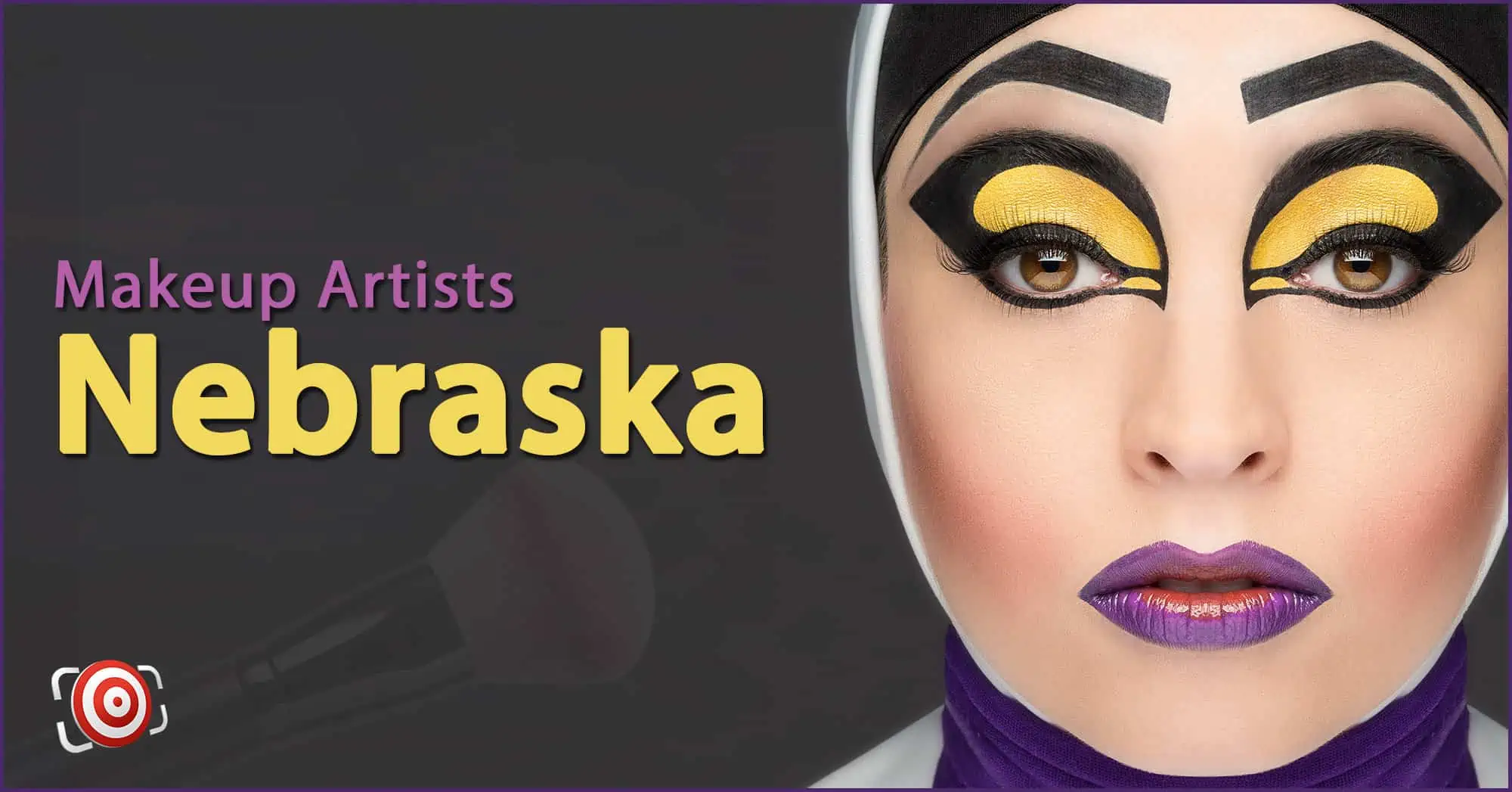A woman with creative makeup on her face and the text Makeup Artists in Nebraska.