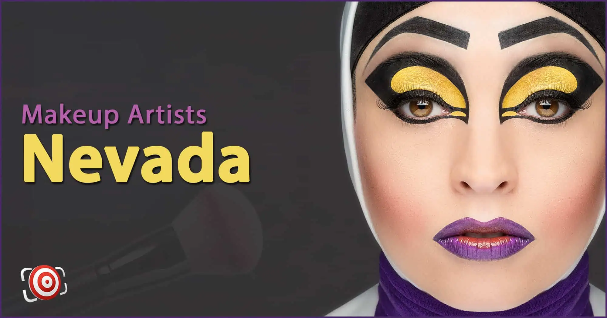 A woman with creative makeup on her face and the text Makeup Artists in Nevada.