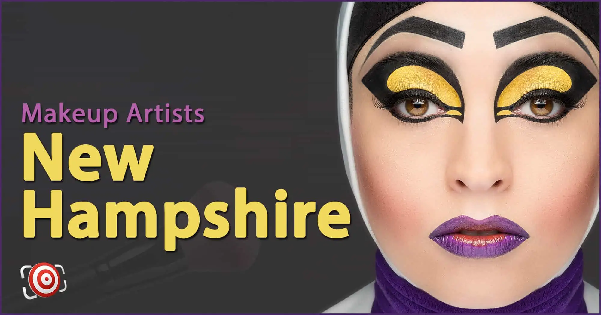 A woman with creative makeup on her face and the text Makeup Artists in New Hampshire.