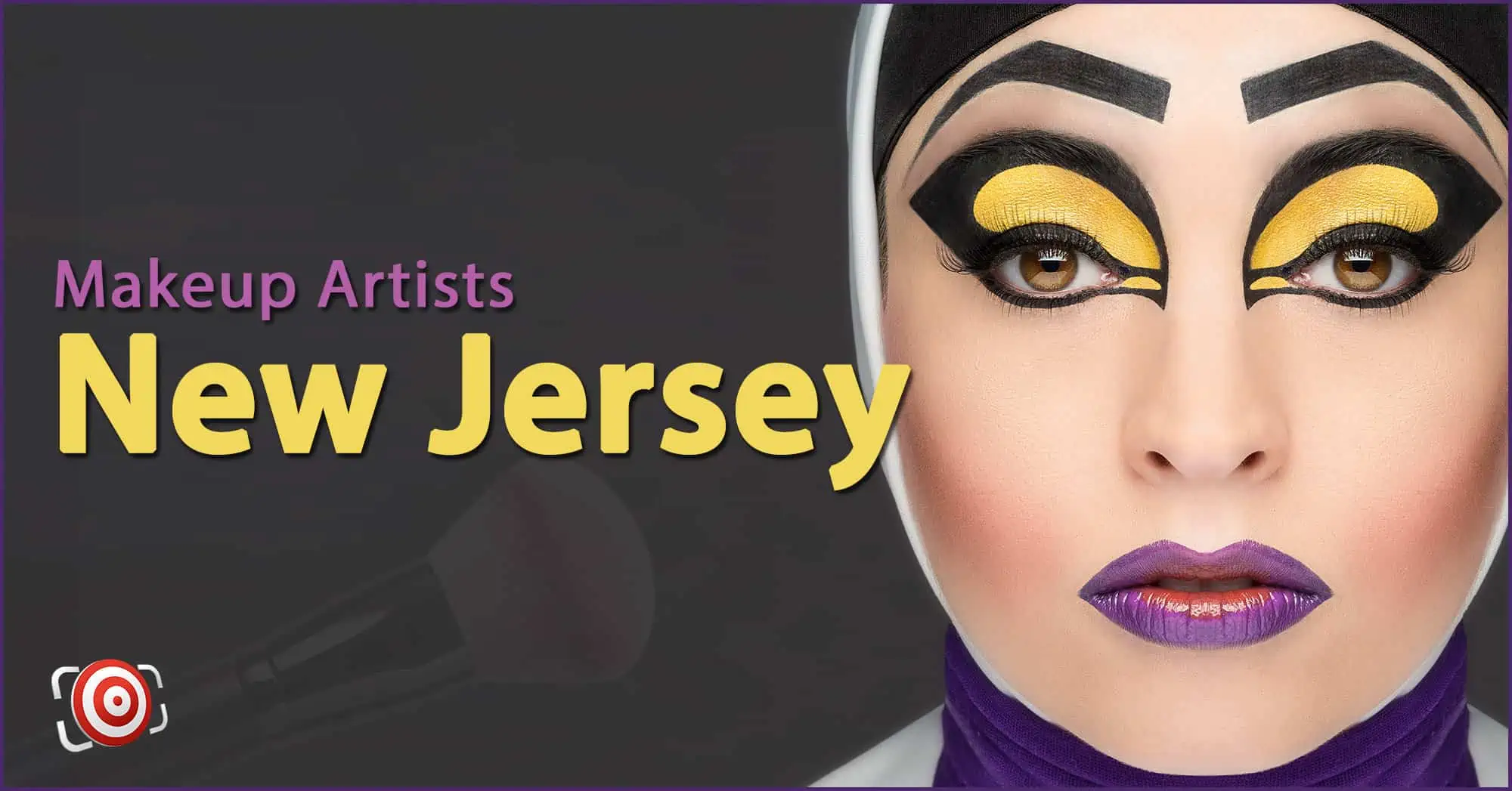 A woman with creative makeup on her face and the text Makeup Artists in New Jersey.