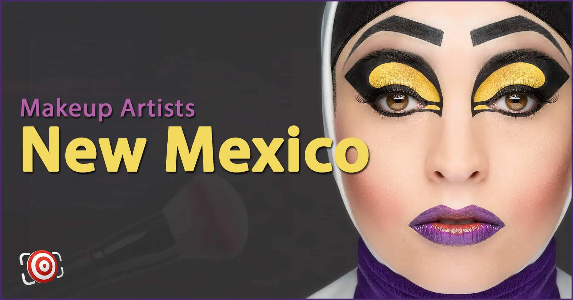 A woman with creative makeup on her face and the text Makeup Artists in New Mexico.