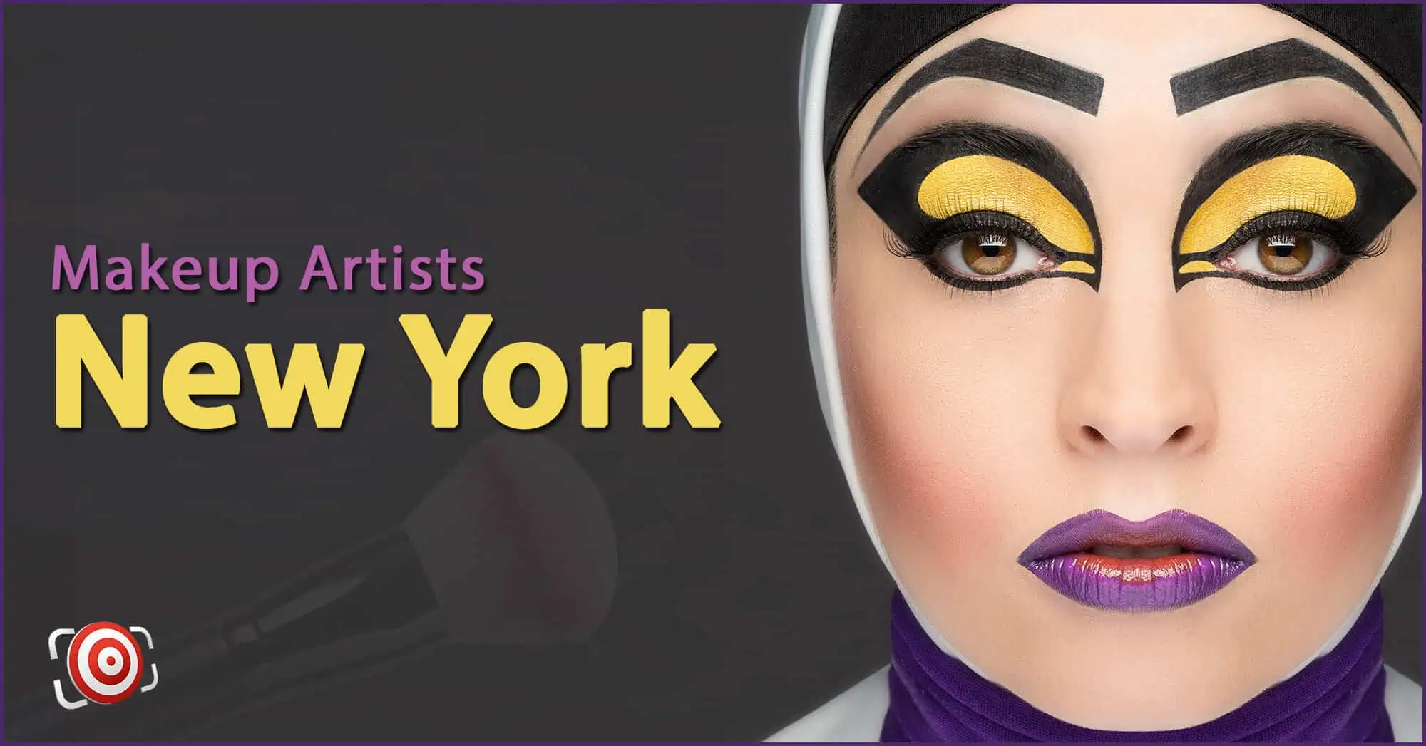 A woman with creative makeup on her face and the text Makeup Artists in New York.