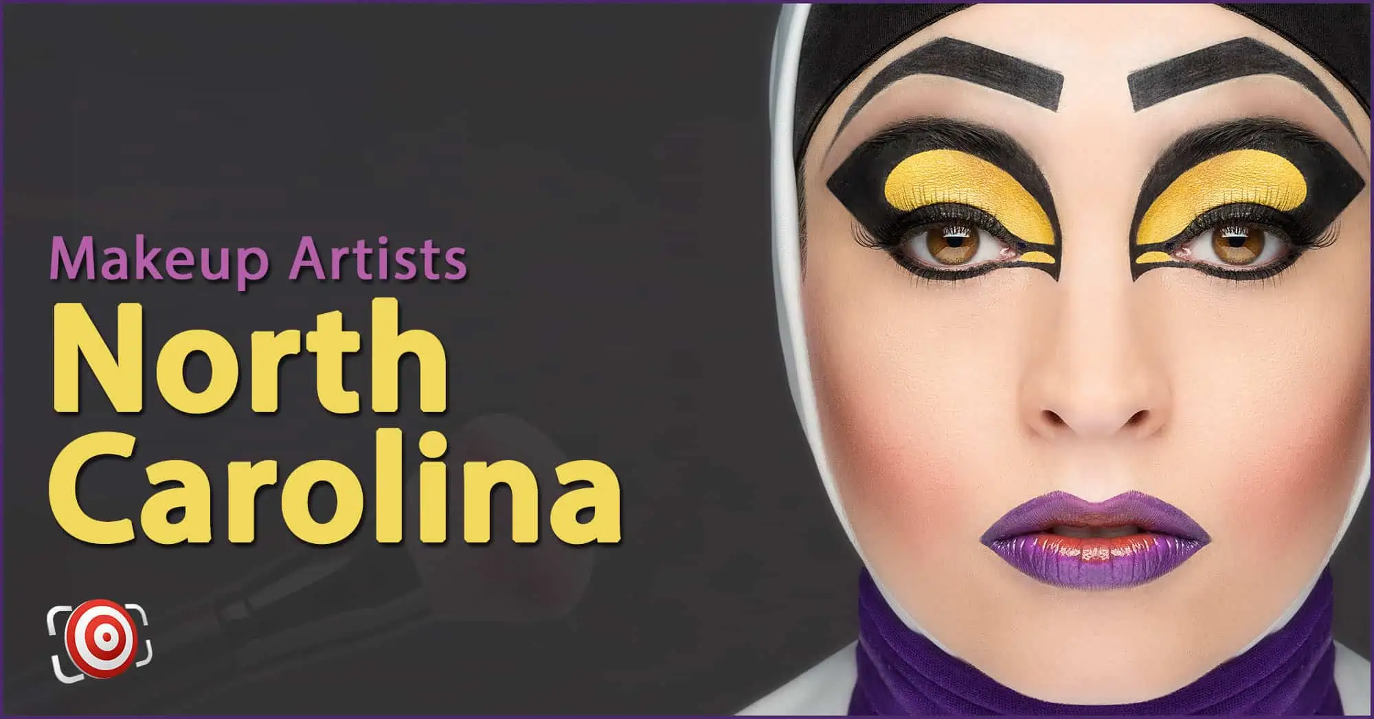 A woman with creative makeup on her face and the text Makeup Artists in North Carolina.