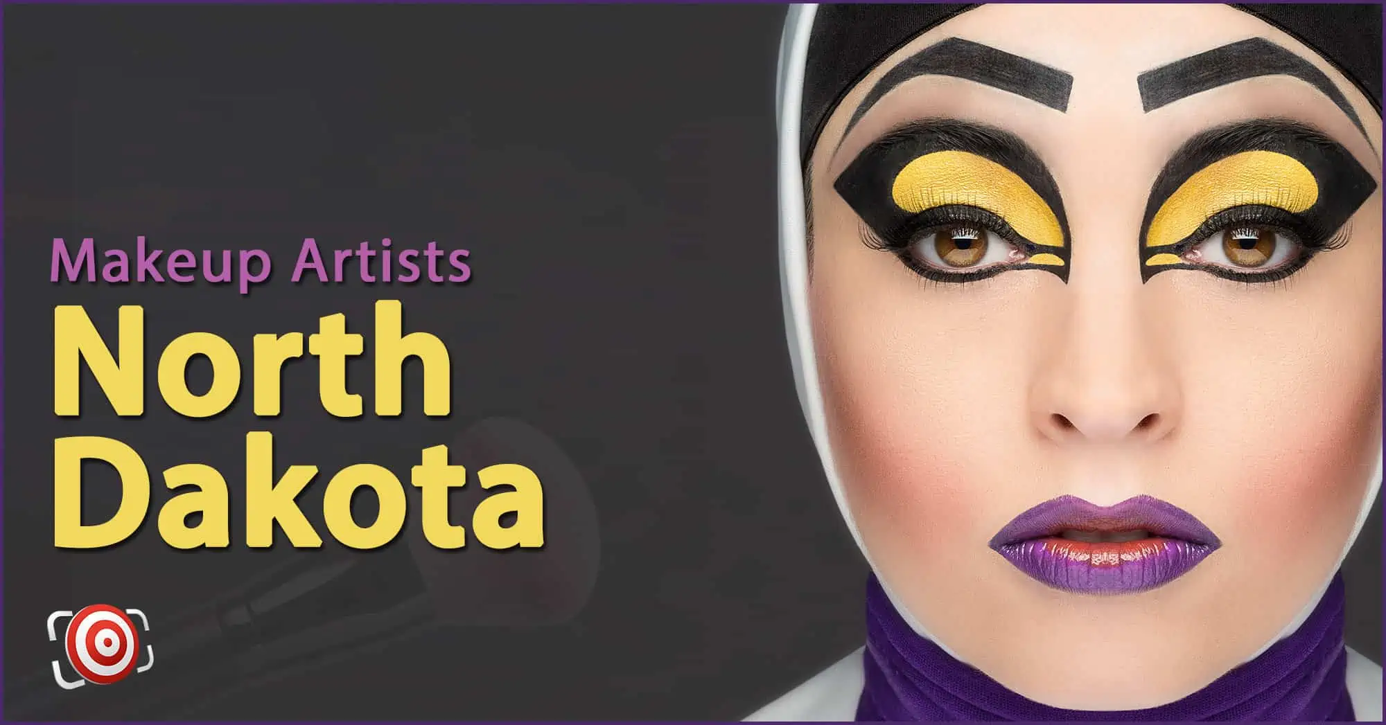 A woman with creative makeup on her face and the text Makeup Artists in North Dakota.