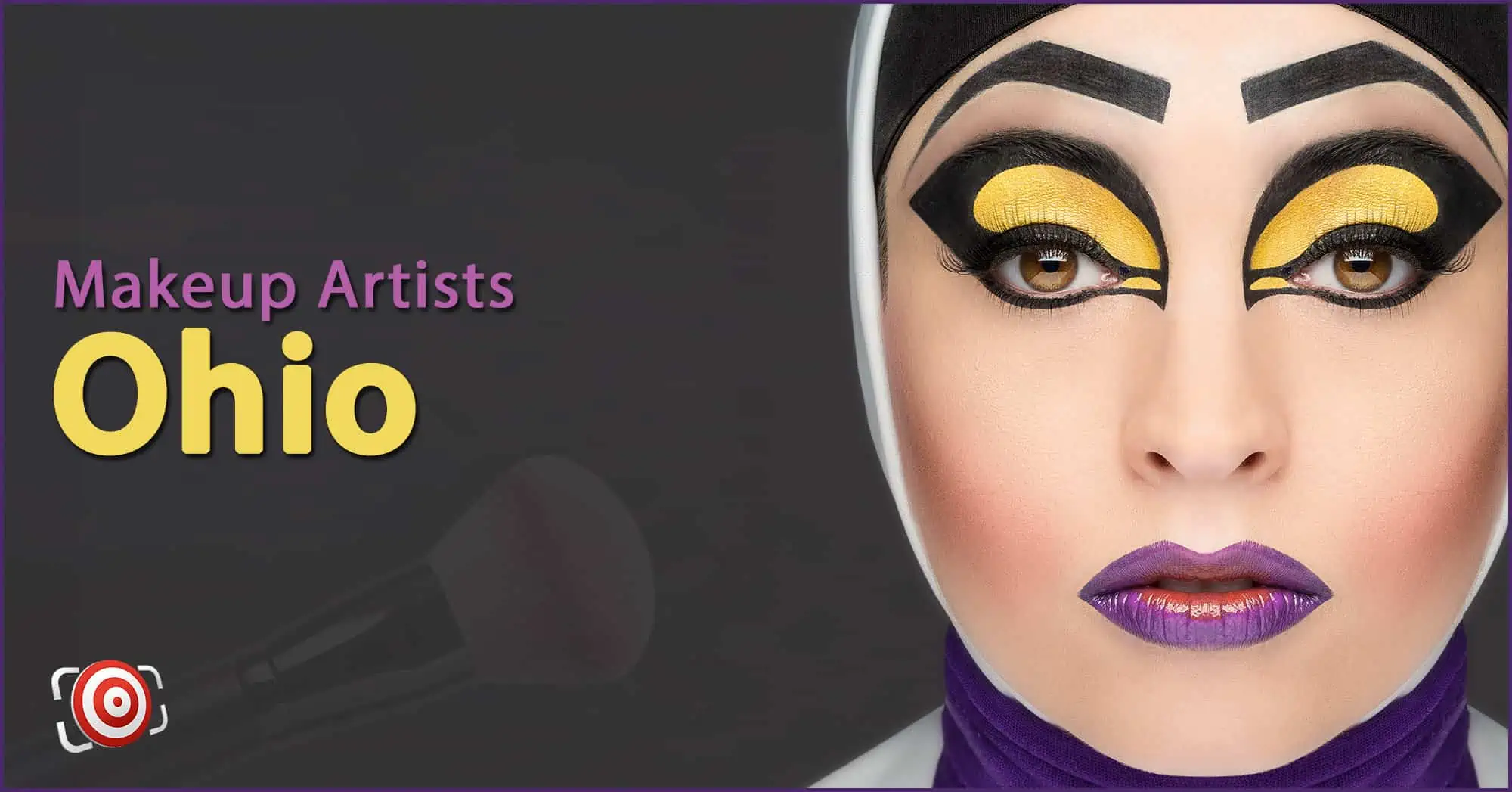 A woman with creative makeup on her face and the text Makeup Artists in Ohio.